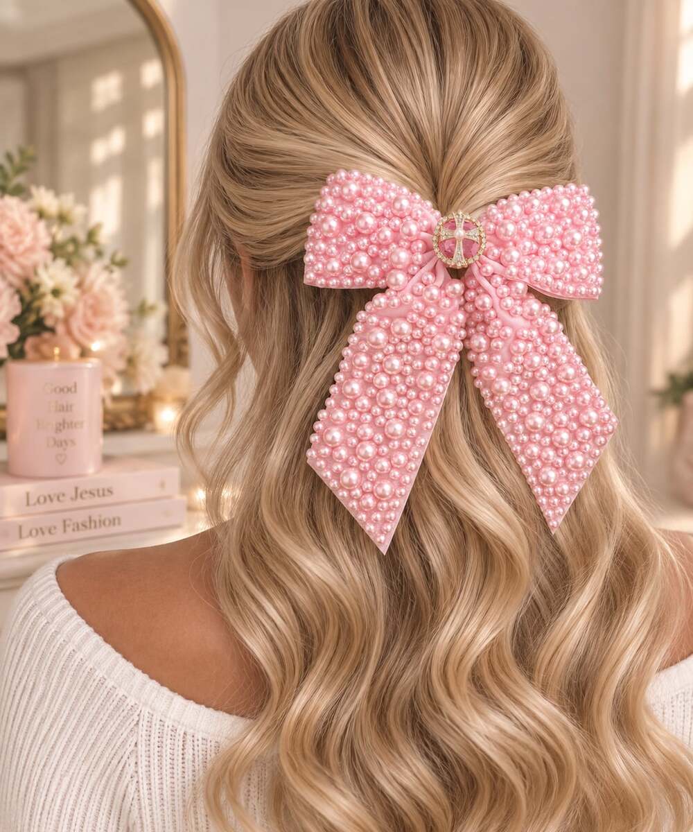 Pink Pearl Statement Hair Bow Rhinestone Cross Coquette Bridal Hair Accessory